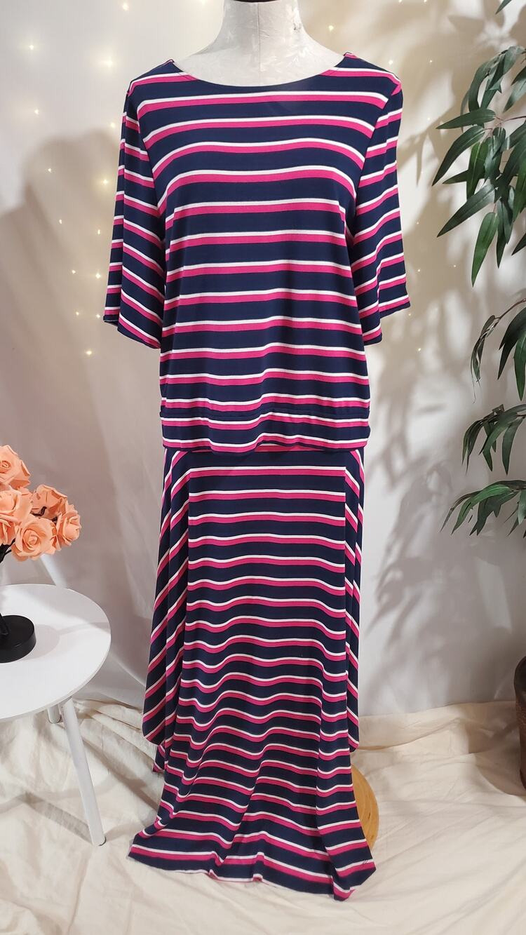 Chicos Womens Jersey Knit Stretchy Striped Top Maxi Skirt Set Size 1/2 M/L Blue
